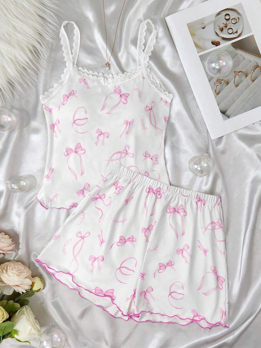 SHEIN 少女花卉图案蝴蝶结装饰吊带背心和短裤舒适休闲合身睡衣套装,2 件套,粉色 - 彩色 - 查看 1