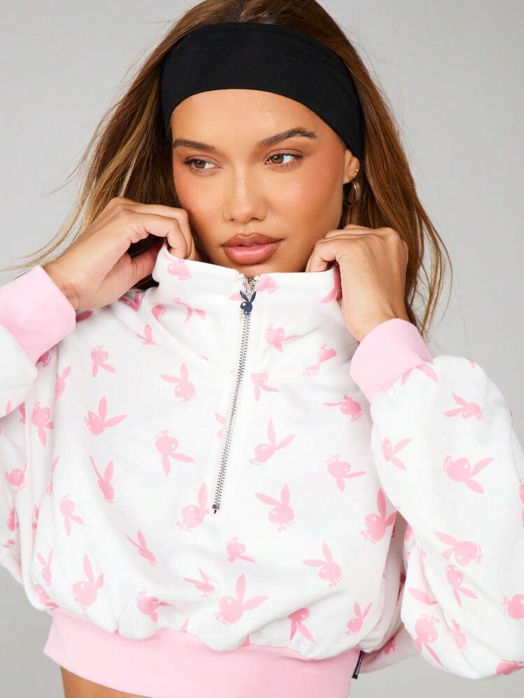 Missguided x Playboy Moletom Cropped com Estampa de Coelho, Manga Longa, Zíper Parcial, Casual, Streetwear, Moda Primavera, Outono e Inverno