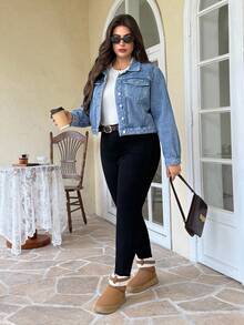 EMERY ROSE Chaqueta vaquera de manga larga con botones delanteros y forro térmico de unicolor para tallas grandes - Lavado ligero - Ver 6