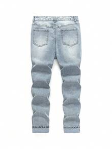 Teen Boys Casual Fashionable Versatile Light Blue Washed Ripped Jeans, Leg Flattering, High Stretch For Comfort And Easy Wear, Essential Item For Stylish Boys - Medium Wash - View 2