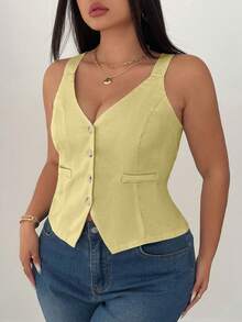 Elenzga Áo hai dây màu trơn thường ngày mùa hè cỡ lớn dành cho nữ, thắt eo - Màu vàng ngỗng - Xem 5