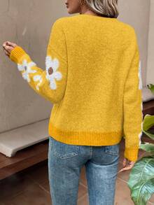 SHEIN LUNE 女士休闲花卉图案毛衣，秋冬 - 鵝黃色 - 查看 2