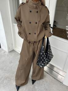 DAZY 女士纯色简约长袖外套和裤子两件套，休闲日常家居服套装 - 卡其色 - 查看 7