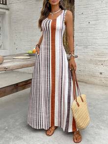 EMERY ROSE Women's Retro Striped Sleeveless Round Neck Dress - Brown - View 4