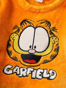 GARFIELD | SHEIN 2pcs Baby Boy Orange Cute Cat Embroidery Plush Sweatshirt And Navy Blue All-Over Print Pants Set, Suitable For Autumn/Winter Baby Set Autumn Winter Season - Orange - View 3