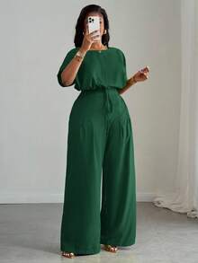 Slaydiva Bộ đồ 2 món màu xanh lá cây thanh lịch, phù hợp cho mùa Xuân/Hè, đi làm, dự tiệc, đi club và hoạt động ngoài trời, gồm áo crop top dáng rộng vai rớt có dây rút và quần ống rộng có túi dành cho nữ cỡ lớn - A - Màu xanh lá cây đậm - Xem 9