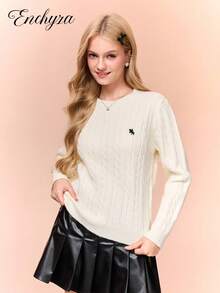 SHEIN 少女休闲街头风百搭返校校园风圆领毛衣 - 白色 - 查看 6