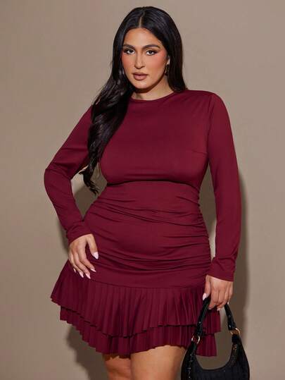 SHEIN BAE 大码女式勃艮第酒红色秋冬长袖褶皱拼接优雅迷你连衣裙