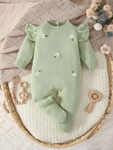 SHEIN Baby Girls Floral Embroidered Knit Romper, Long Sleeve Sweater Jumpsuit With Ruffled Cuffs, Comfortable For Autumn/Winter, Suitable For Everyday Wear, Outings, Travel, Newborns, And Daycare - Green - View 3