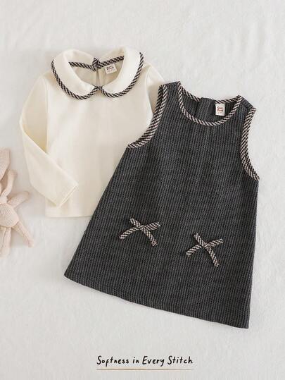 Cozy Pixies 2pcs Baby Girl Solid Color Knit Soft Doll Collar Long Sleeve Pullover Top And Waist Cinched Round Neck Sleeveless Dress Set, Comfortable Versatile Stylish Daily Cute Pattern Minimalist Basic, Suitable For Indoor, Outdoor, Daily, Sports, Play, Party, Photo, Holiday Christmas, Elegant Baby Girl Outfit Dress Set Collared Baby Girl Dress Baby Bow Dress Toddler Winter Dresses Infant Grey Dress Baby Girl Clothes Spring Fall Grey Baby Dress Baby Knitwear Knit Baby Girl Clothes
