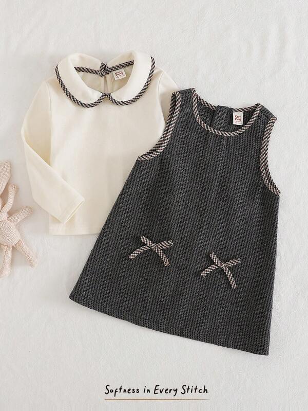 Cozy Pixies 2pcs Baby Girl Solid Color Knit Soft Doll Collar Long Sleeve Pullover Top And Waist Cinched Round Neck Sleeveless Dress Set, Comfortable Versatile Stylish Daily Cute Pattern Minimalist Basic, Suitable For Indoor, Outdoor, Daily, Sports, Play, Party, Photo, Holiday Christmas, Elegant Baby Girl Outfit Dress Set Collared Baby Girl Dress Baby Bow Dress Toddler Winter Dresses Infant Grey Dress Baby Girl Clothes Spring Fall Grey Baby Dress Baby Knitwear Knit Baby Girl Clothes