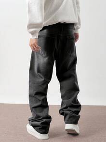 Claim Dot 宽松男士直筒斜口袋休闲牛仔裤 - 深灰色 - 查看 2