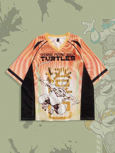 TEENAGE MUTANT NINJA TURTLES X ROMWE Men's Casual Colorblock Turtle Print Short Sleeve T-Shirt, Summer