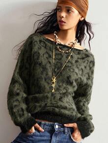 Bohemela 波西米亚风秋冬外套，女士复古豹纹不对称领宽松针织套头毛衣，西部乡村风格，适合度假、日常穿着、返校季、圣诞节、新年等场合。 - 軍綠色 - 查看 4