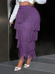 Slaydiva 女士优雅高端牛油果绿色流苏迷你裙 - 紫色 - 查看 7