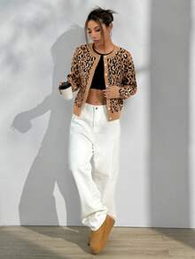 SHEIN Unity Casual Loose Leopard Print Cardigan, Autumn/Winter - Multicolor - View 4