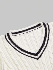 ROMWE Áo len dệt kim cổ chữ V dành cho nữ, áo dệt kim tay dài dáng ôm, họa tiết sọc nhiều màu, phong cách trẻ trung cho mùa thu - trắng - Xem 3