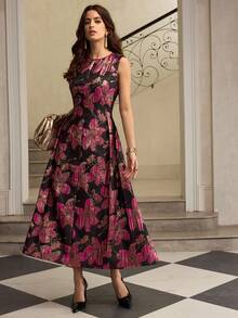 ZEYLAH Women's Jacquard Waist Flared Dress, Autumn/Winter - Hot Pink - View 7