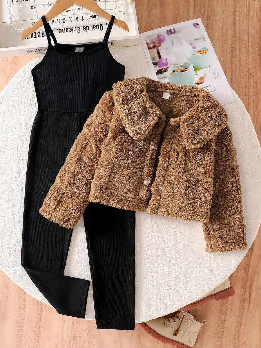 SHEIN 女孩可爱甜美休闲连体裤和粉色衬衫上衣夹克套装，蓬松开衫，适合秋季、冬季 - 卡其色 - 查看 1