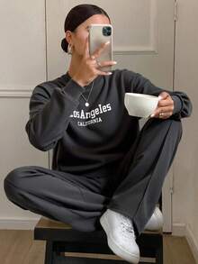 DAZY Bộ đồ thể thao nữ dáng rộng vai rớt gồm áo nỉ và quần nỉ, gồm 2 món, thích hợp mặc ở nhà. - Xám - Xem 1