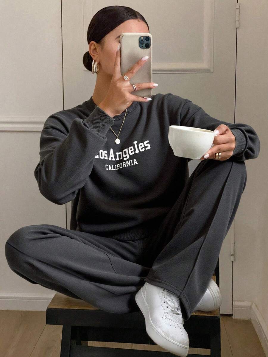 DAZY Bộ đồ thể thao nữ dáng rộng vai rớt gồm áo nỉ và quần nỉ, gồm 2 món, thích hợp mặc ở nhà. - Xám - Xem 1