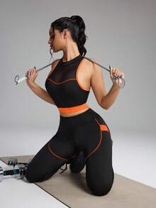 Innovista Orange Trim Set Black 2PCS Sports Bra & Leggings, Front Mesh Panel, Removable Pads, High Stretch, Side Elastic Taping, High Waist Sculpting Compression, Squat Proof | Gym Training Yoga Running |  Conjunto Deportivo Negro/Naranja Malla Copas Removibles | Conjunto Fitness Preto/Laranja Bojo Removível |  طقم رياضي أسود/برتقالي | Gymtok Athleisure Pilates Girl