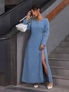 SHEIN PETITE 女式休闲性感时尚高开叉牛仔连衣裙，春秋