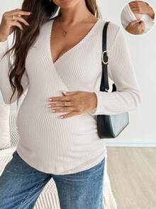 SHEIN Áo thun dài tay quấn chéo trước có gân màu trơn cho con bú - Màu be - Xem 2