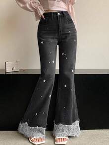 DAZY Quần Jeans Ống Loe Ôm Dáng Quyến Rũ Cho Nữ, Quần Thường Ngày Có Viền Ren Rỗng, Họa Tiết Hoa Thêu Chắp Vá - màu đen - Xem 6