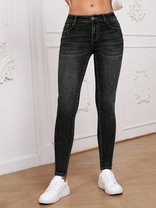 SHEIN Essnce Jeans de mujer de talle bajo, de unicolor, de ajuste ceñido, versátiles y de moda