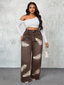 Slaydiva 大码女式高腰羽毛图案口袋阔腿宽松休闲牛仔裤 - 咖啡棕 - 查看 7