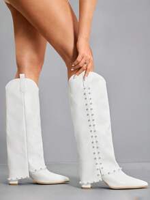 CUCCOO SZL 女式尖头粗跟绒面西部流苏靴，修身高筒靴 - 白色 - 查看 4