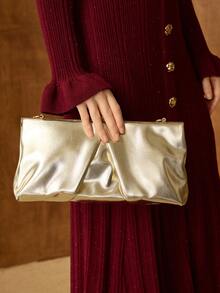 MOTF PREMIUM 女士时尚优雅褶皱金色手拿包/夹包，适合派对约会、圣诞礼物 - 金色 - 查看 1