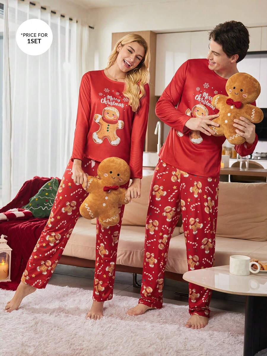 CoupledUp Bộ đồ ngủ in hình kẹo Giáng sinh dễ thương, áo dài tay và quần dài màu tương phản dành cho nam, bộ đồ ngủ in hình bánh quy, bộ đồ ngủ đôi, bộ đồ ngủ bánh gừng, bộ đồ ngủ hình người bánh gừng, quần áo mùa đông - Nhiều màu - Xem 1