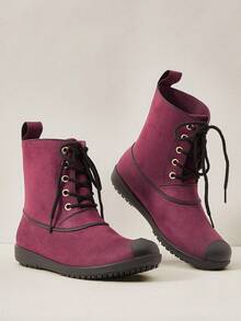 OUTDOORSY Mid-Calf Lace-Up Flat Rain Boots For Christmas And New Year Holiday Vibe Fall And Winter - Burgundy - View 1
