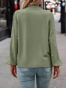 Louniche Blusa Elegante Feminina com Decoração de Pérolas Falsas, Gola Nó, Manga Lanterna, Outono