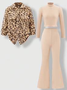 SHEIN Explorewe 三件套少女装，杏色高领长袖上衣，天鹅绒豹纹时尚立体翻领装饰外套，喇叭裤 - 杏色 - 查看 3