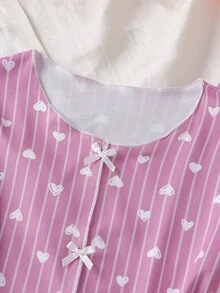 1 Conjunto de pijama para niña, top de manga larga color magenta y pantalones a juego, conjunto de 2 piezas de ropa de dormir, con diseño de rayas verticales con corazón y acento de lazo blanco, tela de punto suave y elástica, apta para ropa de dormir o uso casual, diseño sencillo para combinar fácilmente, ajuste cómodo para adolescentes