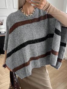 Livesso Poncho de suéter de cuello redondo a rayas para mujer en otoño - Gris - Ver 3