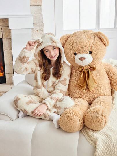 FamilyFrolics 毛绒熊耳朵装饰儿童睡衣，亲子家庭套装，2 件套，舒适柔软，青少年女孩睡衣