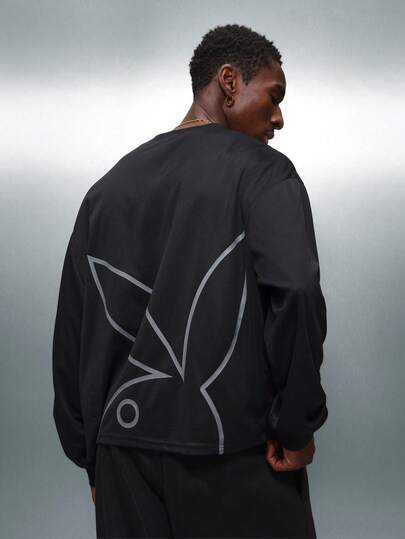 PLAYBOY X SUMWON Crop Fit Oversized Long Sleeve Graphic Mesh Tee Casual Round Neck Black Streetwear Unisex Back Print Bunny Logo Fall Winter Fashion