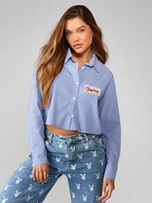 Missguided x Playboy Áo sơ mi kẻ sọc cài nút cổ bẻ dài tay, kiểu dáng công sở đơn giản, thoải mái - Màu xanh lam - Xem 4