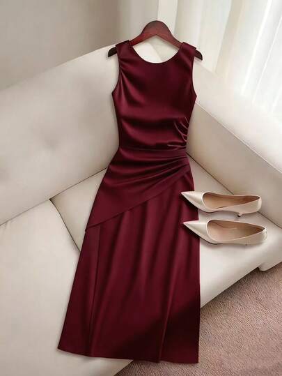 Franclia Summer Elegant Waist Ruched Criss-Cross High Slit Backless Dress Christmas