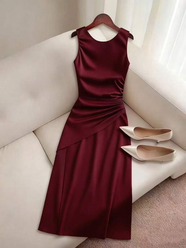 Franclia Summer Elegant Waist Ruched Criss-Cross High Slit Backless Dress Christmas