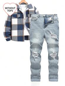 Teen Boys Casual Fashionable Versatile Light Blue Washed Ripped Jeans, Leg Flattering, High Stretch For Comfort And Easy Wear, Essential Item For Stylish Boys - Medium Wash - View 1