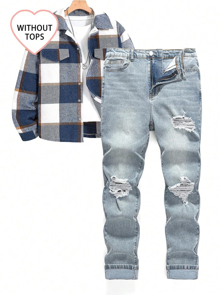 Teen Boys Casual Fashionable Versatile Light Blue Washed Ripped Jeans, Leg Flattering, High Stretch For Comfort And Easy Wear, Essential Item For Stylish Boys - Medium Wash - View 1