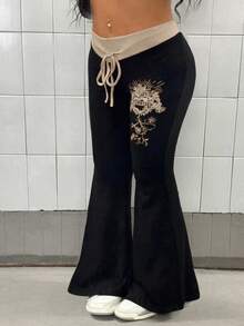 Maweii 大码女式街头风格撞色抽绳腰部前印花修身喇叭裤 - 黑色 - 查看 3