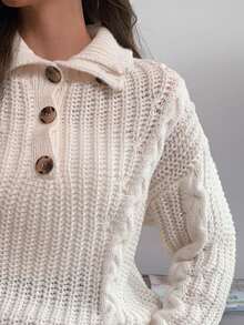 Elyressa Women's Button Decor Long Sleeve Twist Rope Stand Collar Sweater - Apricot - View 6