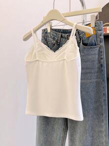 SHEIN Franclia Women's Solid Color Lace Patchwork Elegant Camisole, Ladies Lace Splicing V-Neck Thermal Lined Warm With Bra Cup Fashionable Camisole, Women's Fashionable Autumn And Winter Tops, Women's Velvet Lace Base Top, Suitable For Autumn And Winter, Winter Clothes For Women, Autumn Outfits For Women, New Year Women, White Top, Women's Solid Color Warm Base Top, Bra Cup Integrated Base Top, Suitable For Going Out As An Elegant Base, Women's Casual Top For Going Out