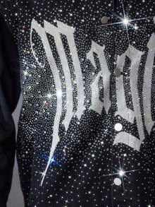 ROMWE MEN Street Life 男士水钻装饰印花长袖牛仔夹克 - 黑色 - 查看 7